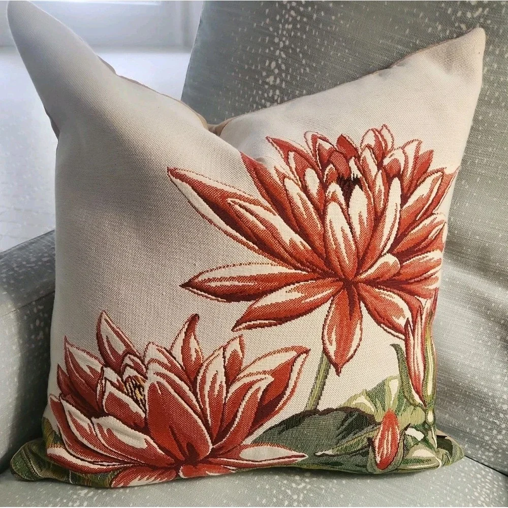 Jules Pansu WATER LILY  French Tapestry Pillow w/Insert~17x17 Red Green Tan Zip